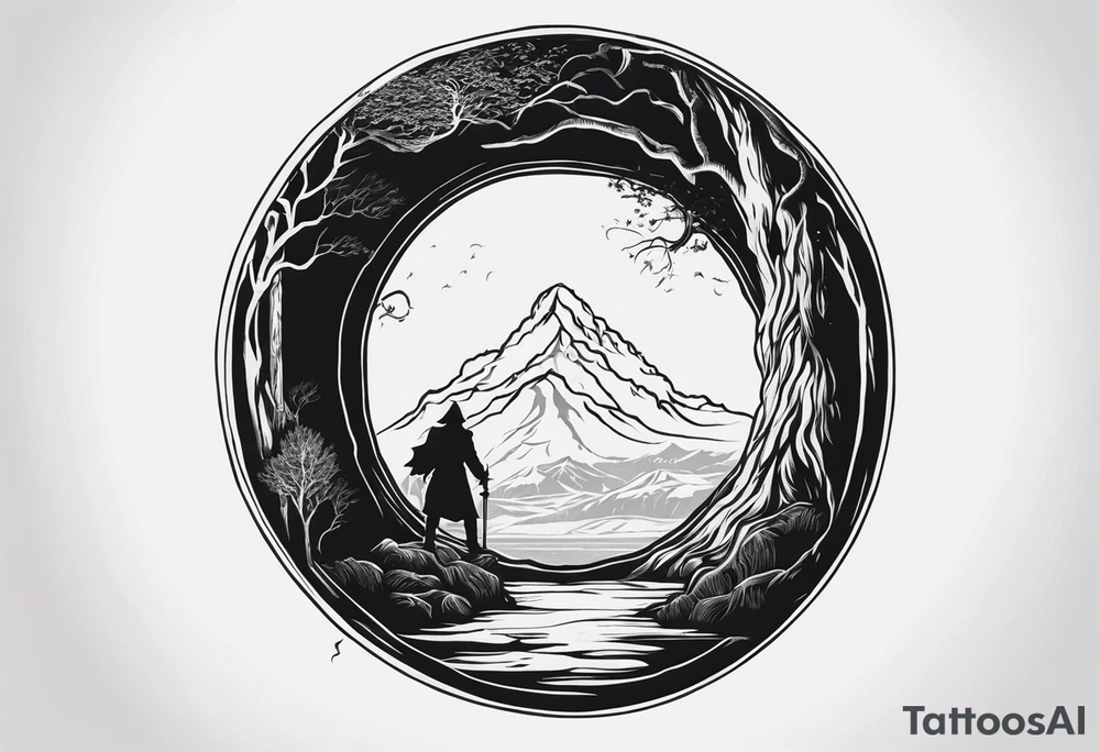 Lord of the rings main with Harry Potter mashup but clear independent visual of both movies. Small simple and minimal. No people in it. Not too much black. Hobbit door tattoo idea