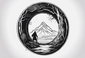 Lord of the rings main with Harry Potter mashup but clear independent visual of both movies. Small simple and minimal. No people in it. Not too much black. Hobbit door tattoo idea