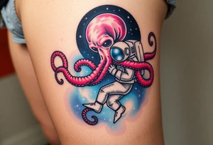 Kraken octopus grabbing a astronaut in a Outer space back ground tattoo idea