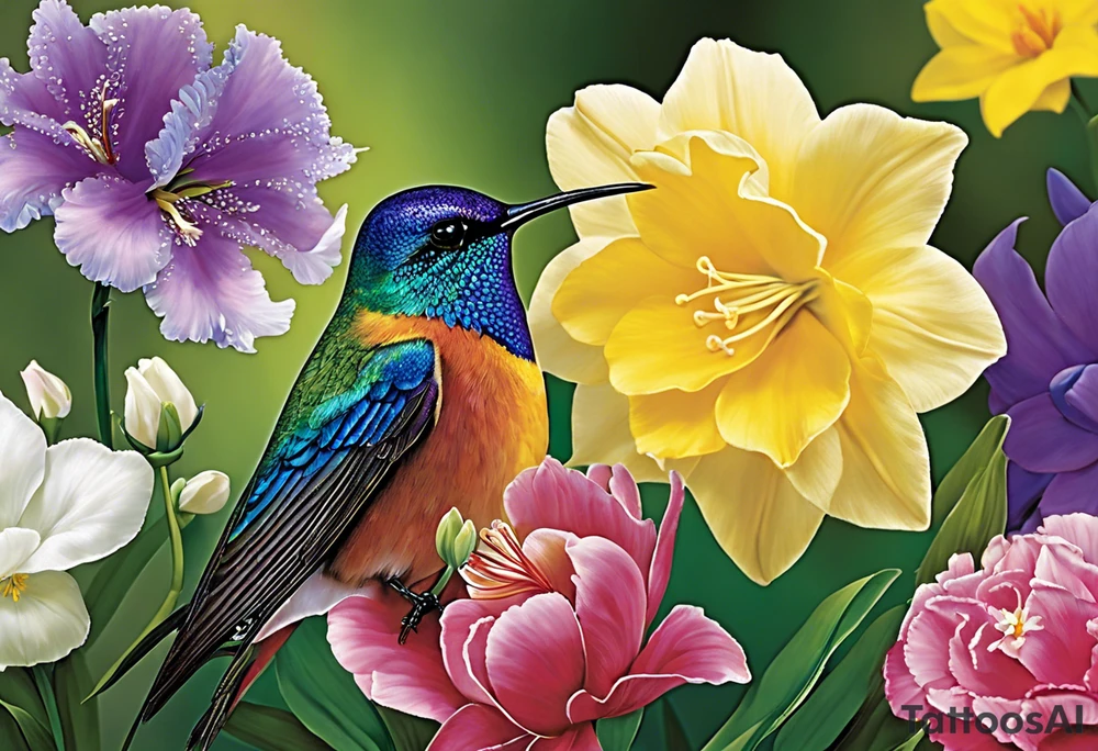 Humingbird made out of Carnation, Snowdrop, Violet, Primrose, Daffodil, jonquil, Lily of the Valley, Hawthorne, Rose, Honeysuckle, Larkspur, Water Lily, Gladiolus & Poppie, Aster, Morning Glory, Chrysanthemum,  Peony, Holly, Narcissus tattoo idea