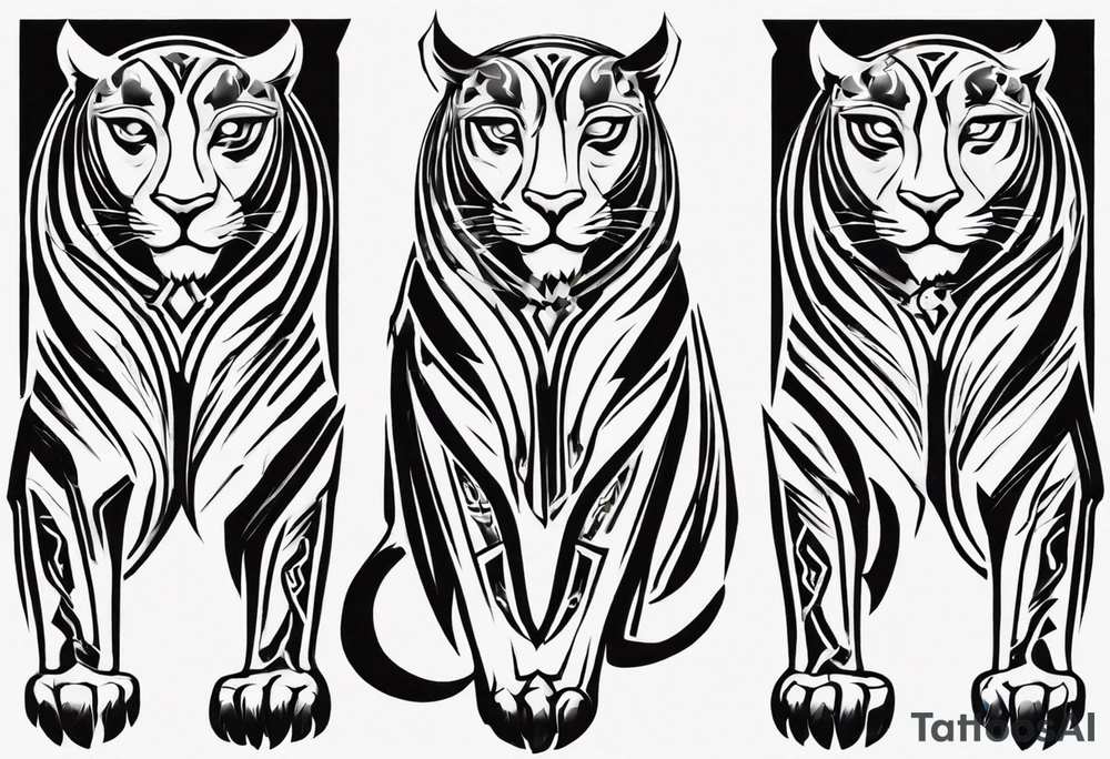 Generate a tattoo concept with two black pumas flanking a central element. Position the pumas side by side, facing outward, mirroring each other's stance. tattoo idea