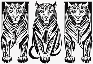 Generate a tattoo concept with two black pumas flanking a central element. Position the pumas side by side, facing outward, mirroring each other's stance. tattoo idea