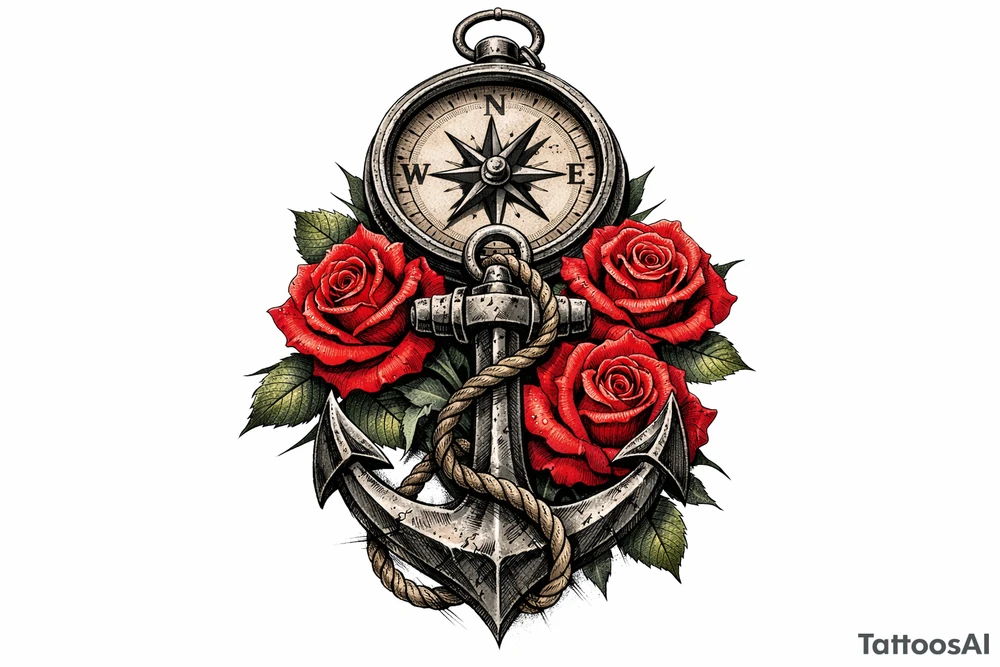 a compass under it an anchor and roses. tattoo idea