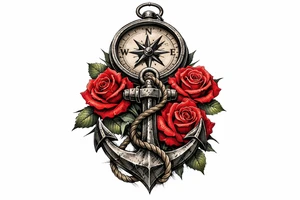 a compass under it an anchor and roses. tattoo idea