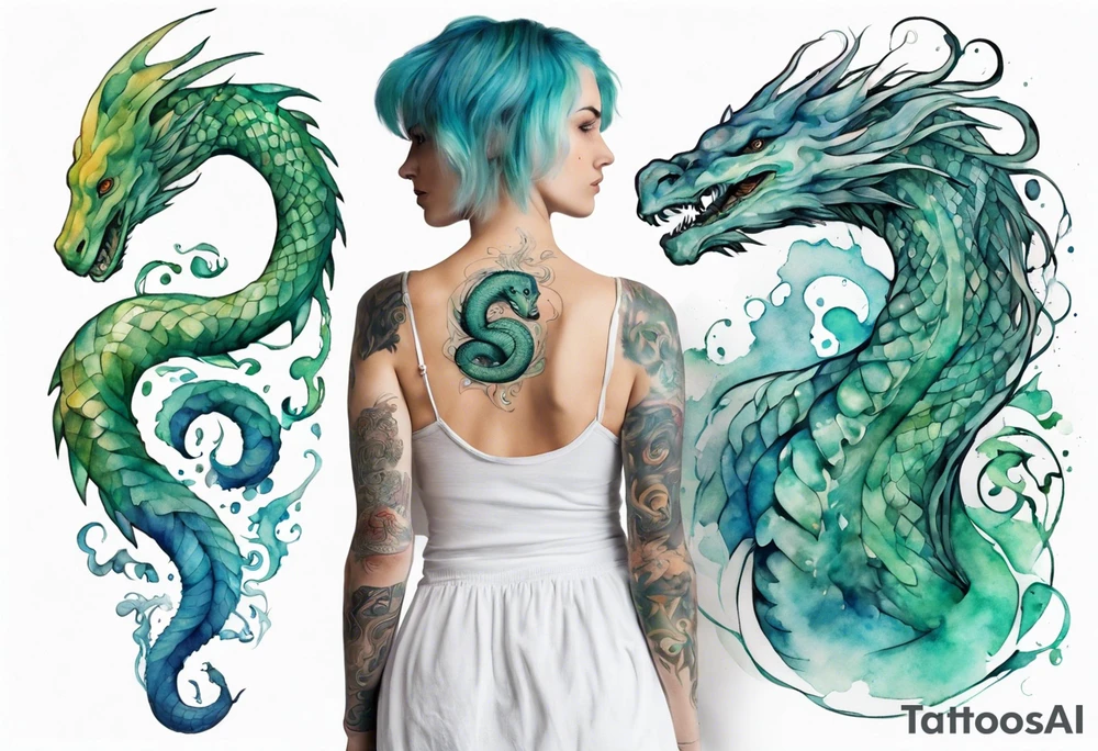 a sea serpent next to a women with blue-green hair wearing a white tunic tattoo idea