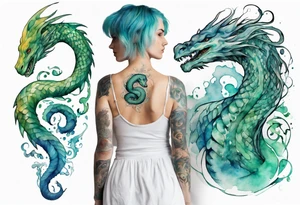 a sea serpent next to a women with blue-green hair wearing a white tunic tattoo idea
