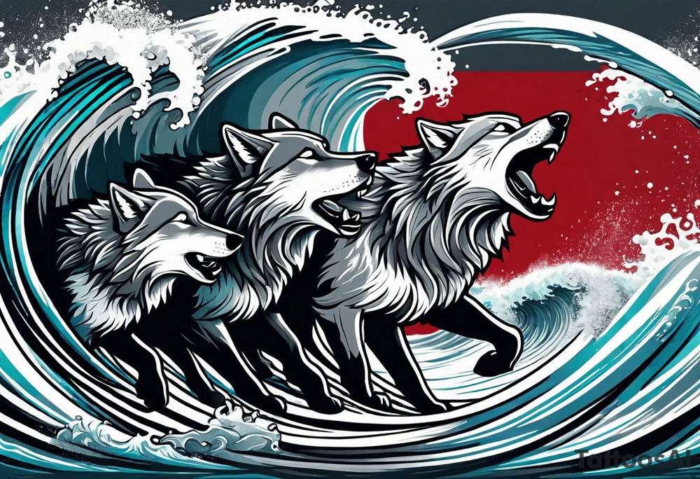 a pack of 3 howling muscular  gray wolves surfing waves with a linear background with red, white and black and gray tattoo idea