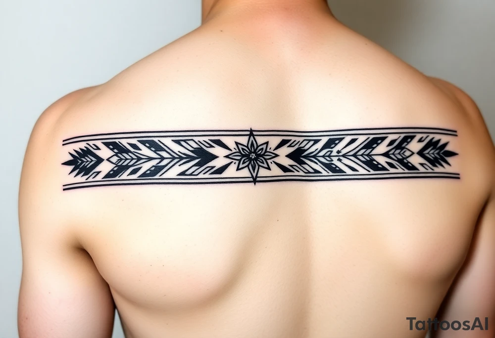 Tribal armband tattoo design, black geometric pattern, seamless band wrapping around arm, featuring stylized feathers, arrows and wolf teeth in symmetrical arrangement. Native American inspired ornamental pattern with sharp angular elements. Bold black lines, clean geometric shapes. Tribal motifs with feathers pointing outward, arrows interweaving through pattern, teeth elements creating border design. Continuous band approximately 3-4 inches wide. Minimalist black and white design with strong contrast. Professional tattoo art style, high detail, precise linework. tattoo idea