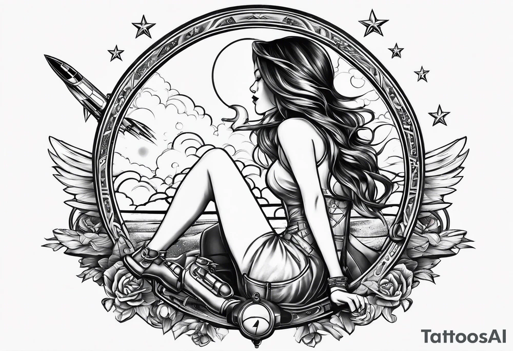 Girl sitting on a rocket tattoo idea