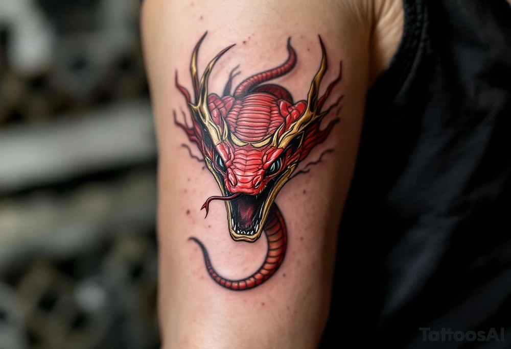 A scarlet red cobra, poised to strike, with golden hood markings and obsidian eyes. tattoo idea
