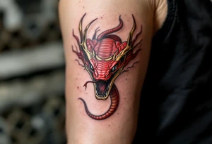A scarlet red cobra, poised to strike, with golden hood markings and obsidian eyes. tattoo idea
