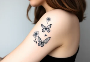Show me an upper arm/shoulder/shoulder blade tattoo design with a birth flower for July, July, January, September, and 3 butterflies, and a raven and an eagle tattoo idea