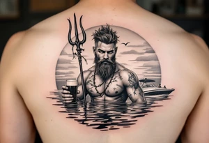 young, happy, fit, short hair, poseidon in calm water, holding a trident, drinking a beer, with sunset, with ski boat tattoo idea