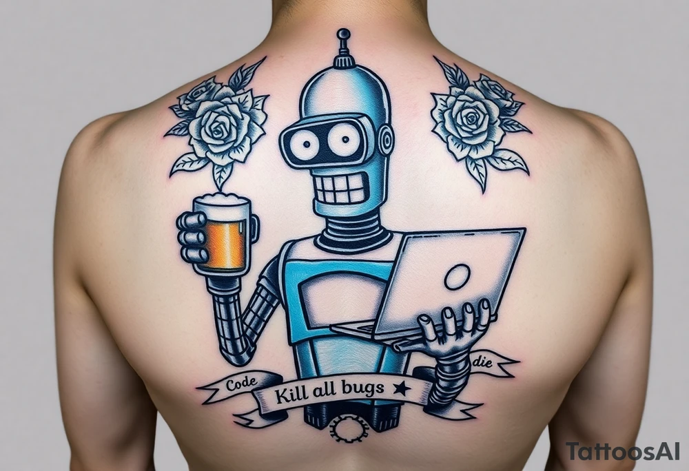 Neo-traditional tattoo of a robot inspired by Bender from Futurama, holding a beer mug in one hand and a laptop in the other. The design features bold outlines, rich shading, and saturated colors. Surround the robot with classic motifs like roses, gears, and small banners with text like 'Kill all bugs' or 'Code or die'. Designed for shoulder placement, in a bold and slightly retro style with modern programming twist. tattoo idea