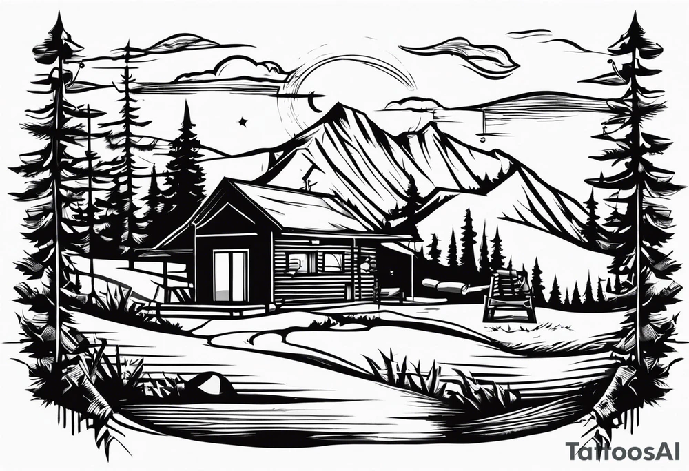 cross with whiskey glass, golf club, camp fire and cabin in the quandrants tattoo idea