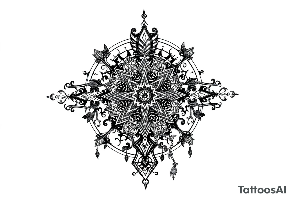 mystical dark and long ornament with shaman and witch style and ancient rhyme tattoo idea