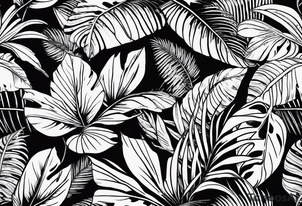 Tropical leaves line work tattoo idea