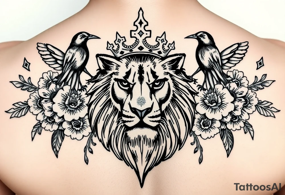 powerful majestic lion with a crown, surrounded by floral ornaments and birds tattoo idea