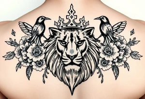powerful majestic lion with a crown, surrounded by floral ornaments and birds tattoo idea
