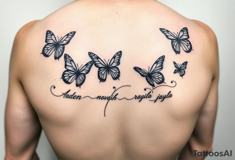 Six Butterflies with kids names streaming down arm  names of kids are Aden, Novaih, Aninna, Rayla, Jayla tattoo idea
