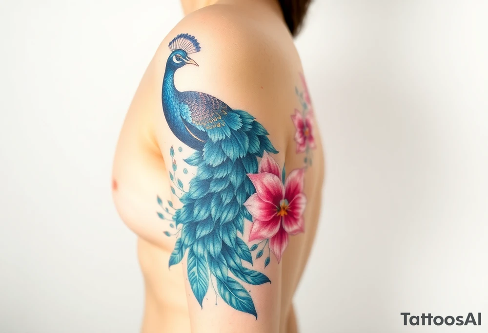 Peacock , orchid flowers, Coi fish tattoo idea