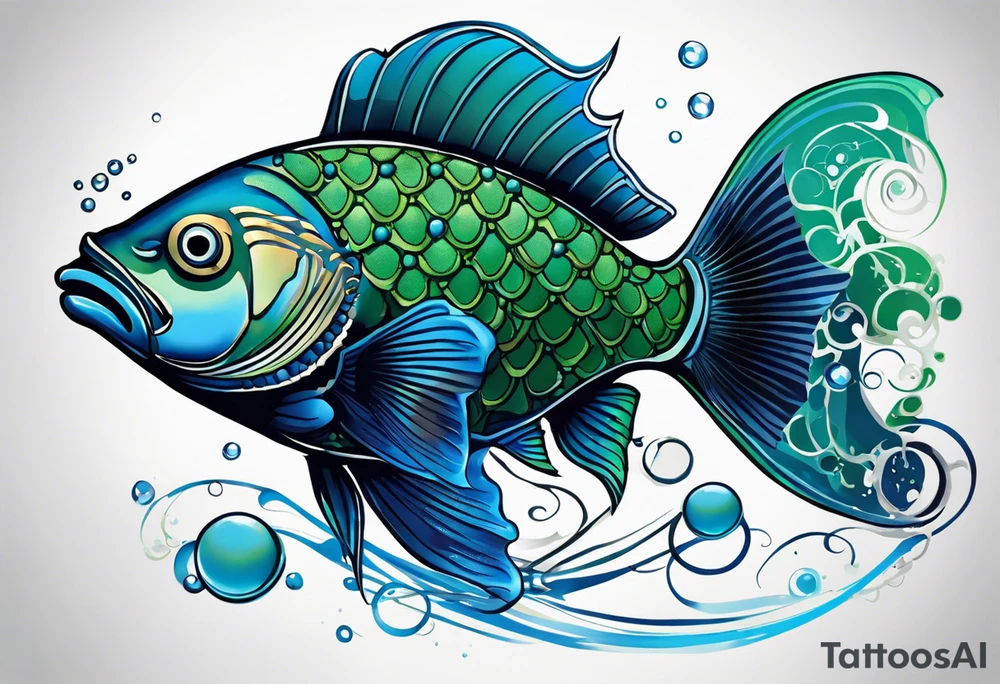“A highly detailed and artistic tattoo design featuring a large, majestic fish riding on top of realistic tank treads. The fish should have vibrant, shimmering scales in shades of blue and green. The tank treads should be intricately designed with visible gears and metal links, emphasizing a mechanical look. The background should blend underwater elements with mechanical parts, including bubbles and smaller fish. The overall style should combine realism with a fantasy element, making it perfect for a unique and eye-catching tattoo.” tattoo idea