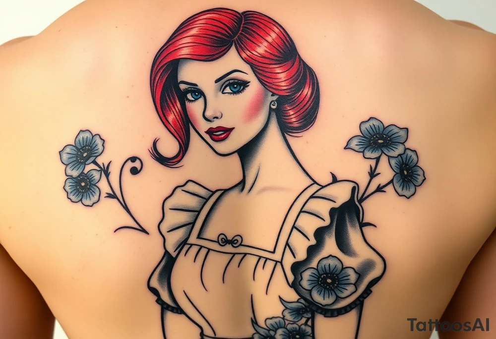 Traditional pin up girl with red hair and blue eyes and wearing a milkmaid maid style dress with blue flowers tattoo idea