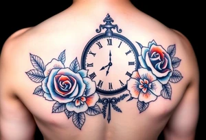 Blue and orange roses with a clock and name placeholder tattoo idea