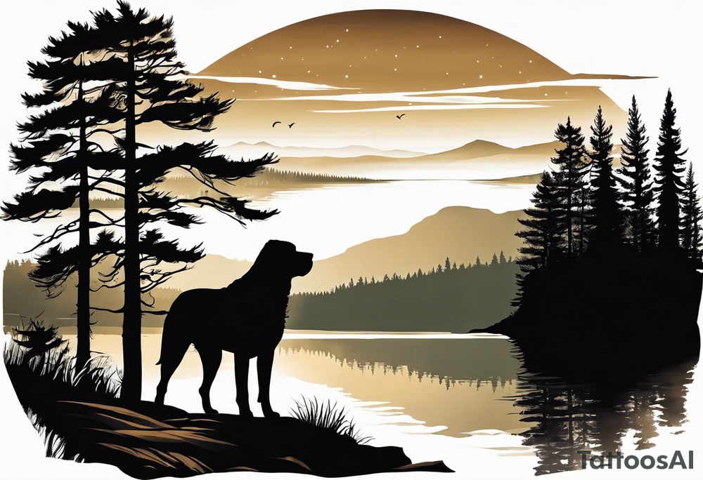 Sleeve tattoo windswept pine tree before lake with low hills on far side of lake. Mastiff silhouette in the foreground. with a dock coming out from the shore. Canadian shield. 
Include the words: "If the sun refused to shine
I would still be loving you
When mountains crumble to the sea
There will still be you and me" tattoo idea