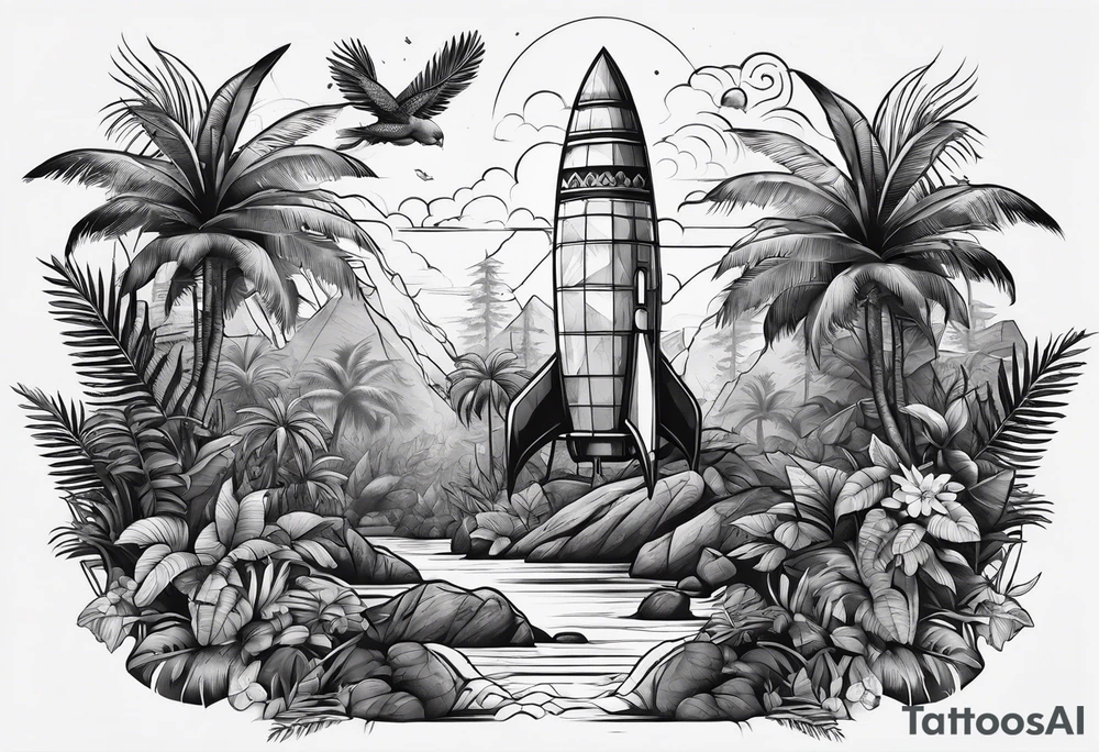 vintage jungle with rocket tattoo idea