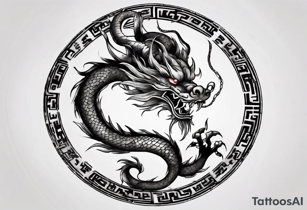Chinese dragon in a circular shape with "02.03" written on its skin tattoo idea