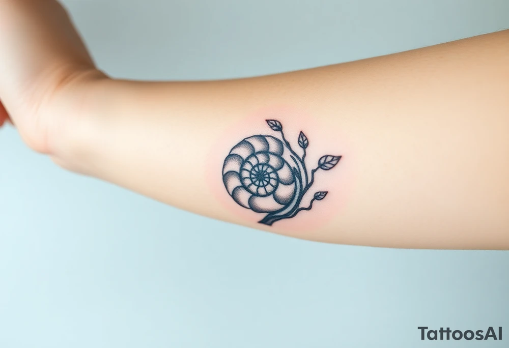 Fibonacci spiral shell inside of tree with leaves tattoo idea