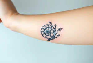 Fibonacci spiral shell inside of tree with leaves tattoo idea