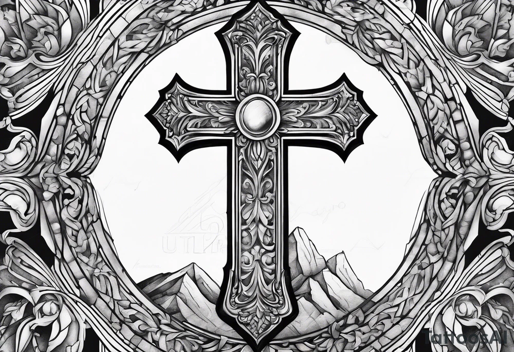 Cross coming through a stone tattoo idea