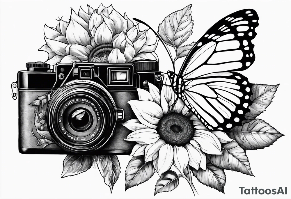 Butterfly, sunflower, camera, book, flower rose tattoo idea