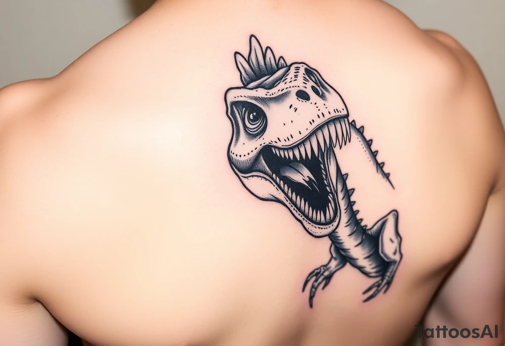 Dilophosaurus staring at me with its fills expanded showing teeth tattoo idea