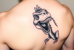 Dilophosaurus staring at me with its fills expanded showing teeth tattoo idea