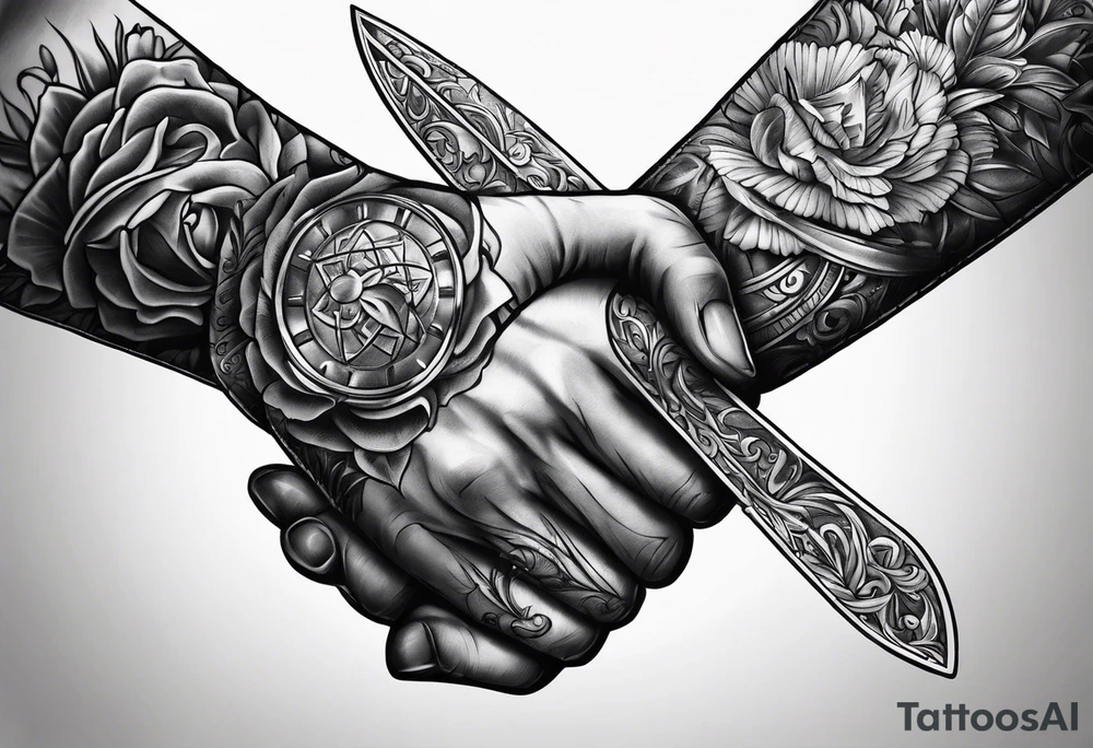 Two hands shaking with a knife going through them tattoo idea Two hands shaking with a knife going through them tattoo idea