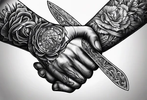 Two hands shaking with a knife going through them tattoo idea