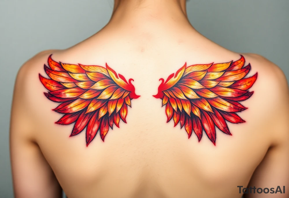 A pair of wings made from fire, transitioning from deep red at the base to golden yellow at the tips, symbolizing strength and courage. tattoo idea