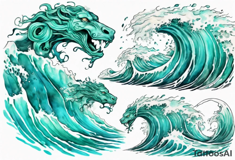 a beautiful turquoise gorgon emerging from an ocean wave, crashing onto the shore tattoo idea