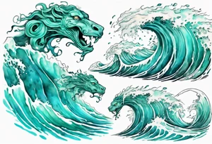 a beautiful turquoise gorgon emerging from an ocean wave, crashing onto the shore tattoo idea
