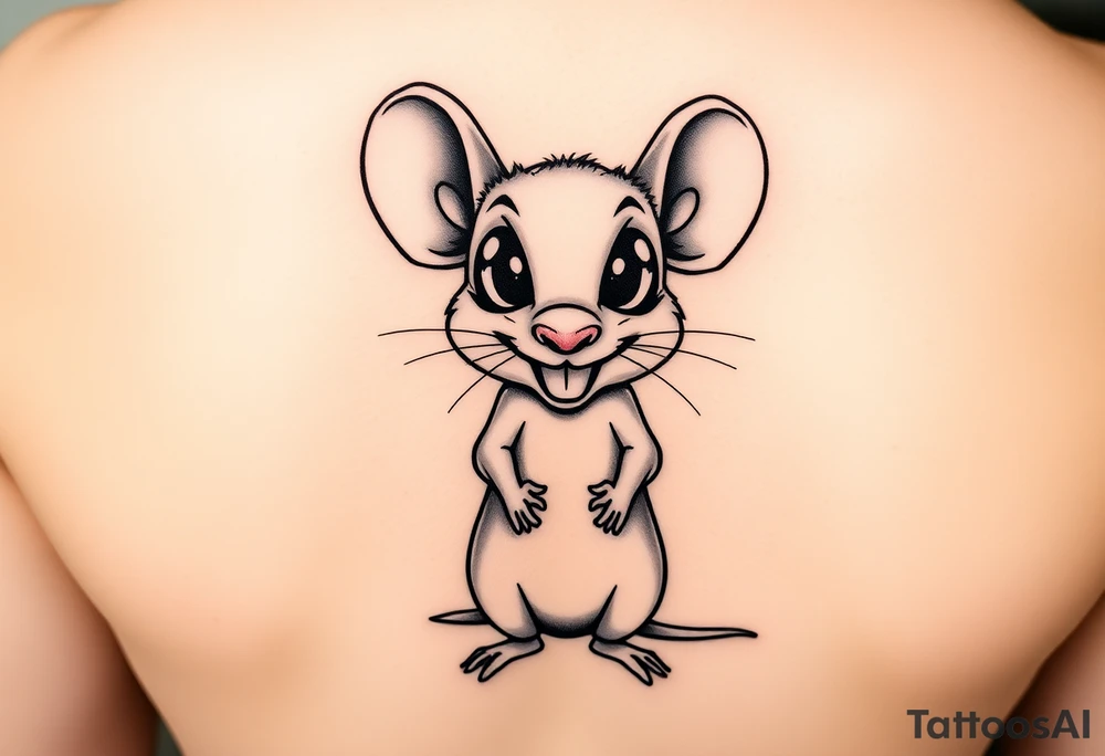 Original tattoo-style illustration:

A rat standing upright

Very large, bulging eyes popping out

A cheeky / mischievous smile

Cartoon style, not baby-like

One black-and-white version + one color version

4 images in total (so you can choose the best one) tattoo idea