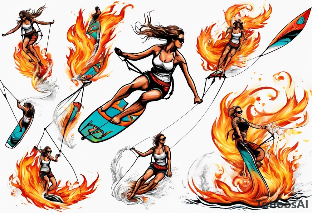 Woman doing Kitesurfing tricks in fire tattoo idea