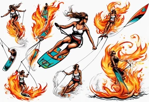 Woman doing Kitesurfing tricks in fire tattoo idea