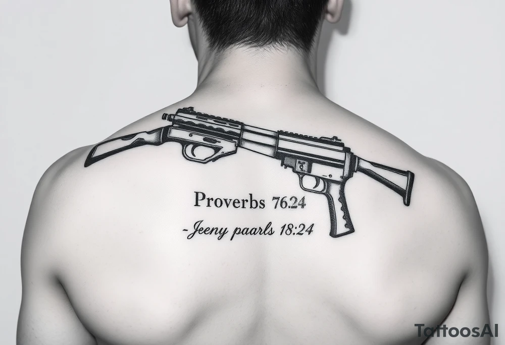 Arm tat
 Writing old school 
gun  76-2323 proverbs 18:24 tattoo idea