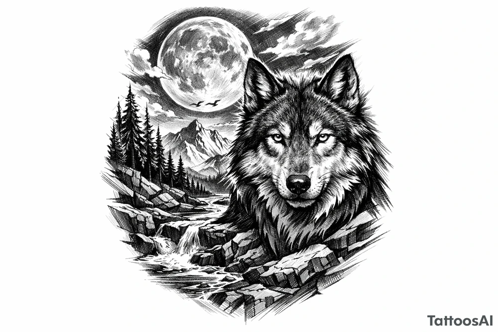 a wolf, landscape,full moon. tattoo idea