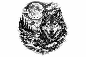 a wolf, landscape,full moon. tattoo idea