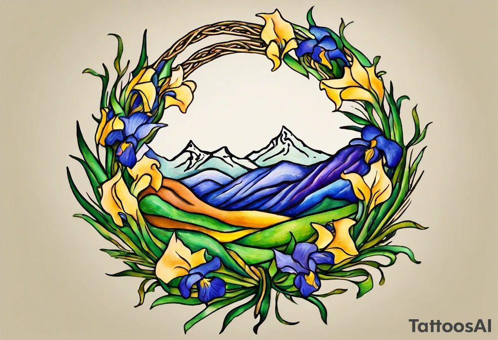 Create a small colorful Vincent van Gogh Irises tattoo in the form of a crescent, with vines or Celtic knots gracefully intertwining at a central point in the middle of the wreath.  In the middle of the wreath are mountains and other items found in New Mexico. Ensure that the design avoids the appearance of a bush and maintains a more structured and deliberate arrangement. The intended placement is on the upper chest. The overall design should be small in size while maintaining a delicate and artistic aesthetic. Pay attention to the graceful flow of the vines and the placement of the irises to achieve a refined and elegant look. tattoo idea