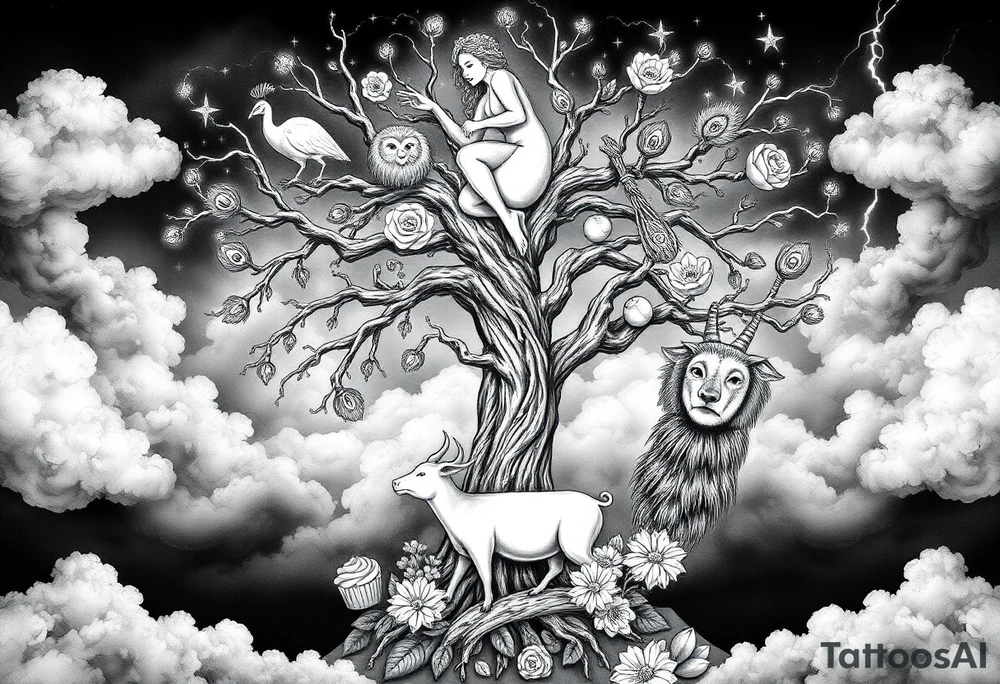 mystical tree  with cosmic  branches fat naked sexy woman , peacock , pig , cupcakes, liquor, cigerette, Storm clouds, pig, peacock , fat sexy naked fat woman, cupcakes, noose , money, goat lion, man sex toys pussy dicks, cigerette storm lightening, killing, darkness death, violent majestic creatures and tattoo idea